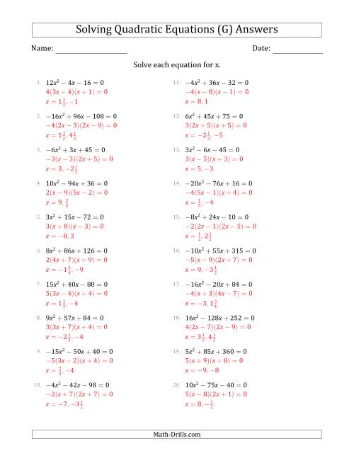 The Solving Quadratic Equations with Positive or Negative 'a' Coefficients up to 5 with a Common Factor Step (G) Math Worksheet Page 2