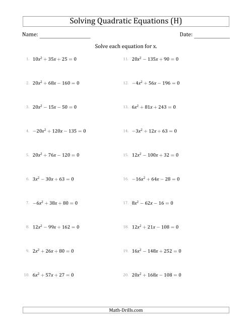 The Solving Quadratic Equations with Positive or Negative 'a' Coefficients up to 5 with a Common Factor Step (H) Math Worksheet