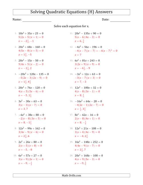 The Solving Quadratic Equations with Positive or Negative 'a' Coefficients up to 5 with a Common Factor Step (H) Math Worksheet Page 2