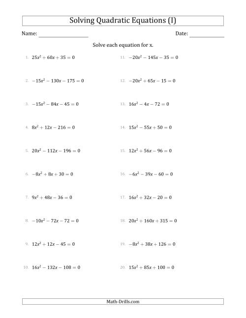 The Solving Quadratic Equations with Positive or Negative 'a' Coefficients up to 5 with a Common Factor Step (I) Math Worksheet