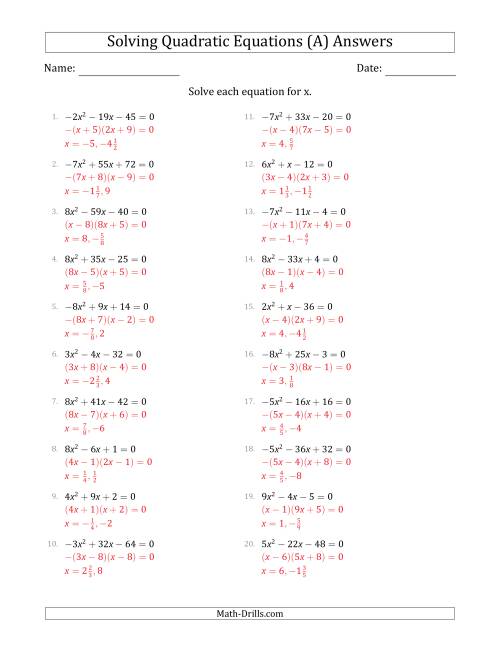 The Solving Quadratic Equations with Positive or Negative 'a' Coefficients up to 9 (A) Math Worksheet Page 2