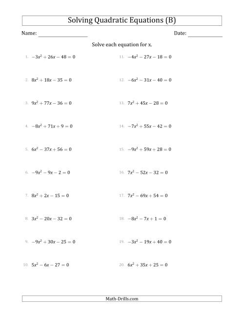 The Solving Quadratic Equations with Positive or Negative 'a' Coefficients up to 9 (B) Math Worksheet