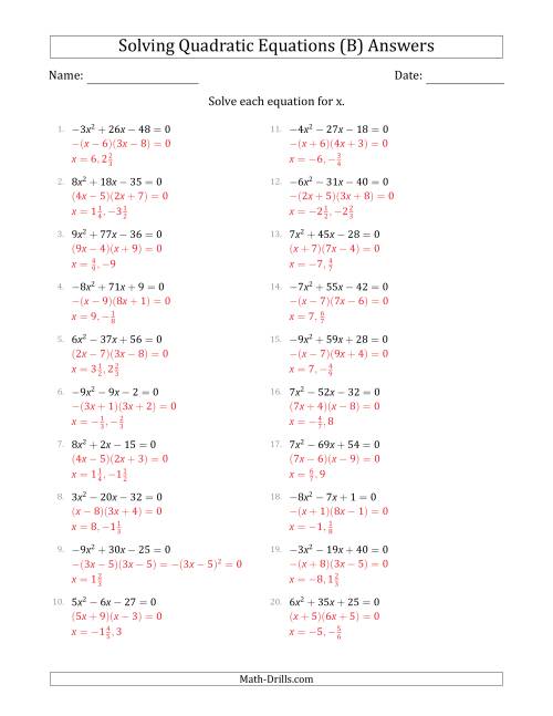 The Solving Quadratic Equations with Positive or Negative 'a' Coefficients up to 9 (B) Math Worksheet Page 2