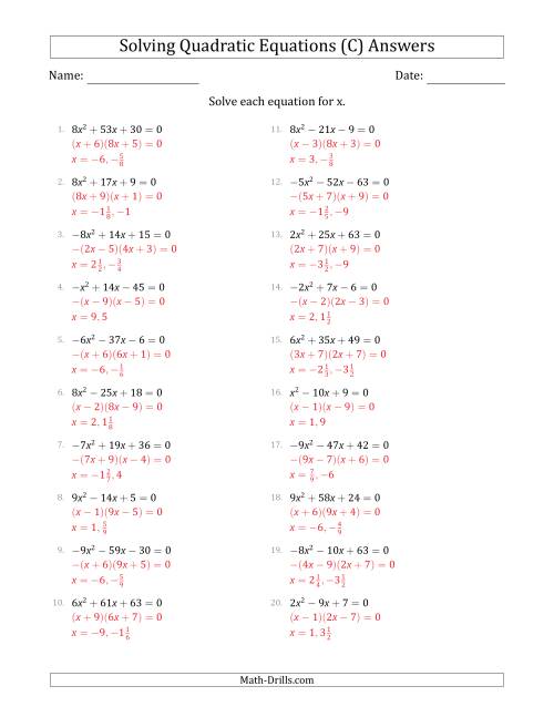 The Solving Quadratic Equations with Positive or Negative 'a' Coefficients up to 9 (C) Math Worksheet Page 2