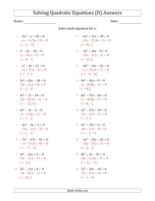The Solving Quadratic Equations with Positive or Negative 'a' Coefficients up to 9 (D) Math Worksheet Page 2