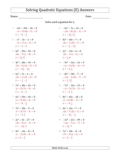 The Solving Quadratic Equations with Positive or Negative 'a' Coefficients up to 9 (E) Math Worksheet Page 2