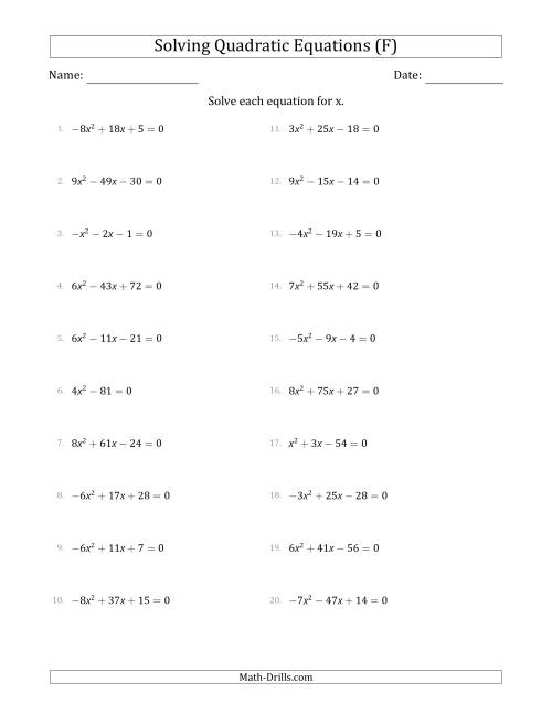 The Solving Quadratic Equations with Positive or Negative 'a' Coefficients up to 9 (F) Math Worksheet