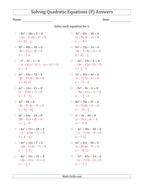 The Solving Quadratic Equations with Positive or Negative 'a' Coefficients up to 9 (F) Math Worksheet Page 2