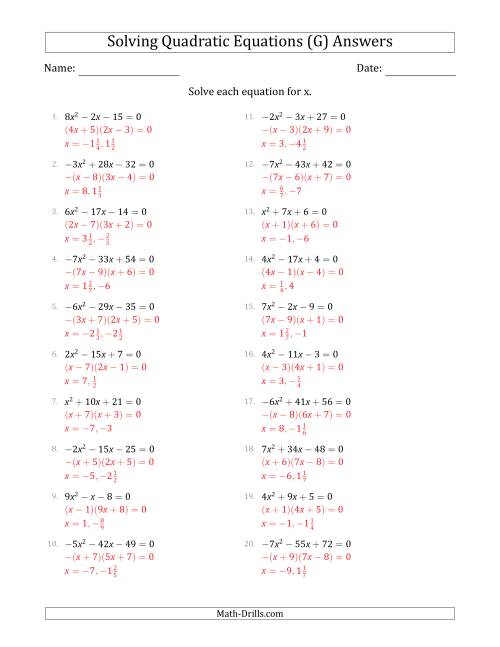 The Solving Quadratic Equations with Positive or Negative 'a' Coefficients up to 9 (G) Math Worksheet Page 2