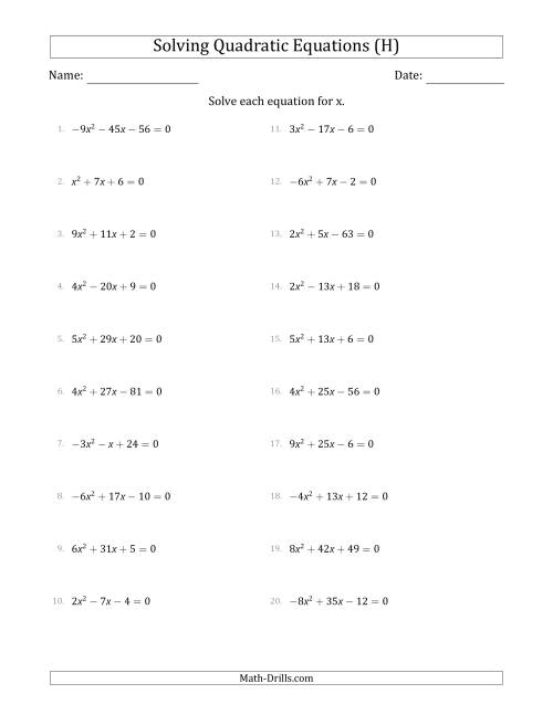 The Solving Quadratic Equations with Positive or Negative 'a' Coefficients up to 9 (H) Math Worksheet