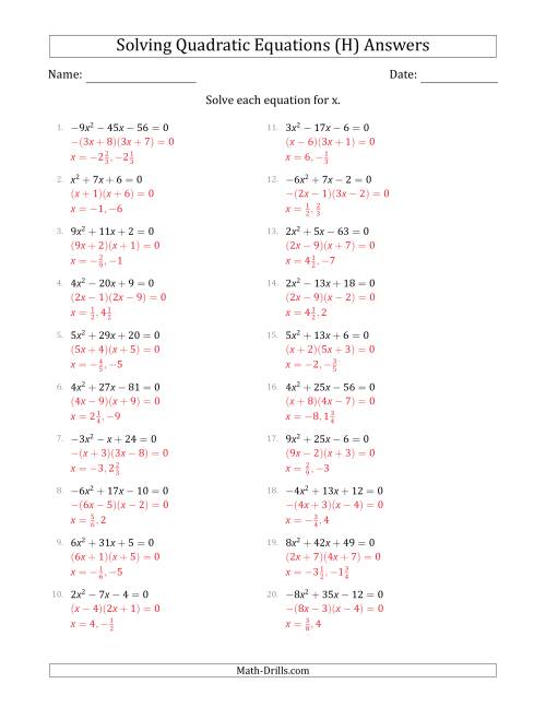 The Solving Quadratic Equations with Positive or Negative 'a' Coefficients up to 9 (H) Math Worksheet Page 2