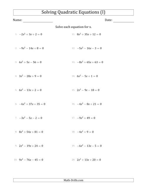 The Solving Quadratic Equations with Positive or Negative 'a' Coefficients up to 9 (I) Math Worksheet