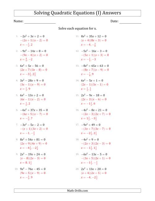 The Solving Quadratic Equations with Positive or Negative 'a' Coefficients up to 9 (I) Math Worksheet Page 2