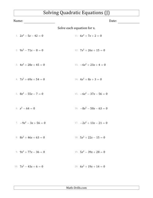 The Solving Quadratic Equations with Positive or Negative 'a' Coefficients up to 9 (J) Math Worksheet
