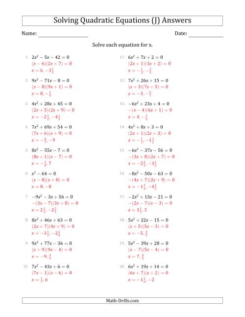 The Solving Quadratic Equations with Positive or Negative 'a' Coefficients up to 9 (J) Math Worksheet Page 2