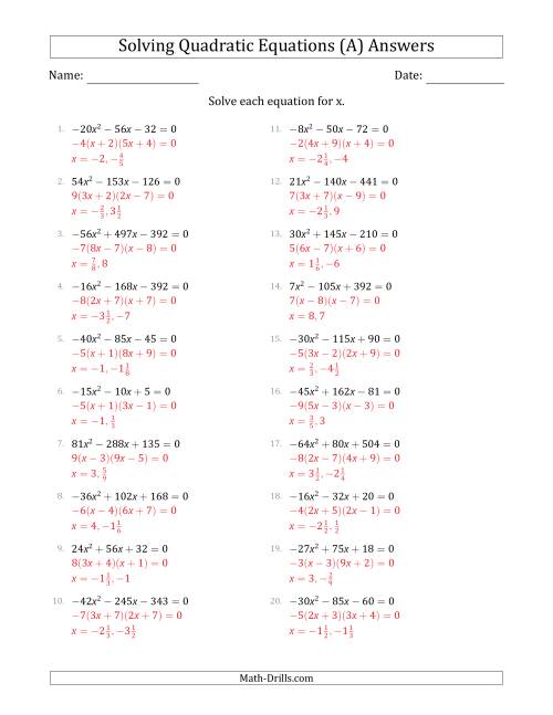 The Solving Quadratic Equations with Positive or Negative 'a' Coefficients up to 9 with a Common Factor Step (A) Math Worksheet Page 2
