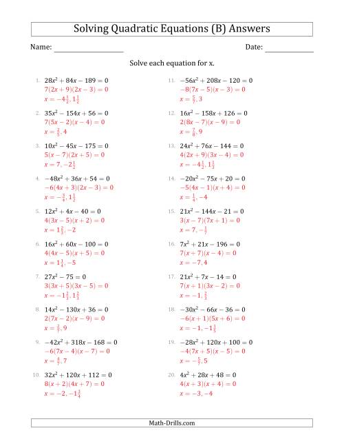 The Solving Quadratic Equations with Positive or Negative 'a' Coefficients up to 9 with a Common Factor Step (B) Math Worksheet Page 2