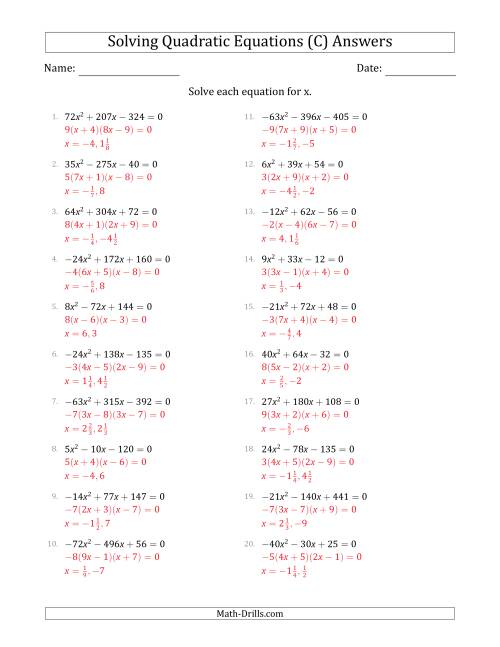 The Solving Quadratic Equations with Positive or Negative 'a' Coefficients up to 9 with a Common Factor Step (C) Math Worksheet Page 2