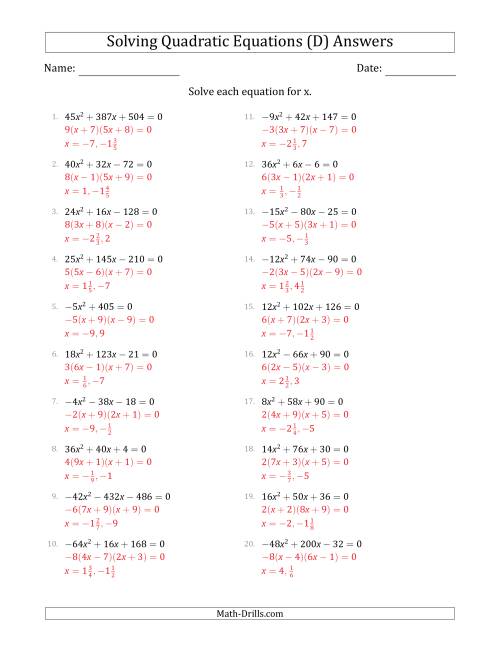 The Solving Quadratic Equations with Positive or Negative 'a' Coefficients up to 9 with a Common Factor Step (D) Math Worksheet Page 2