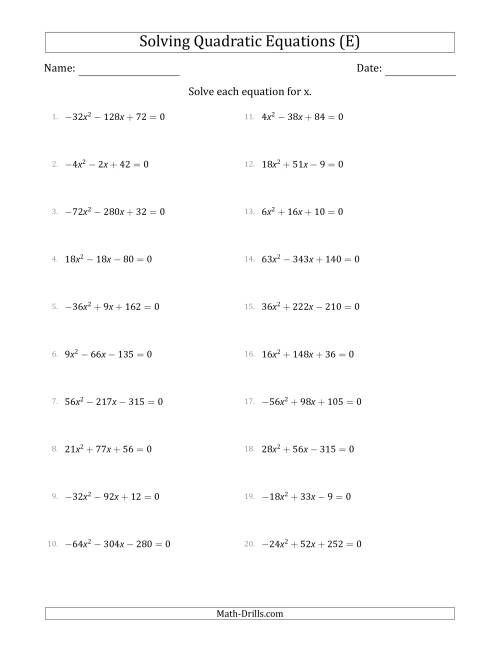 The Solving Quadratic Equations with Positive or Negative 'a' Coefficients up to 9 with a Common Factor Step (E) Math Worksheet