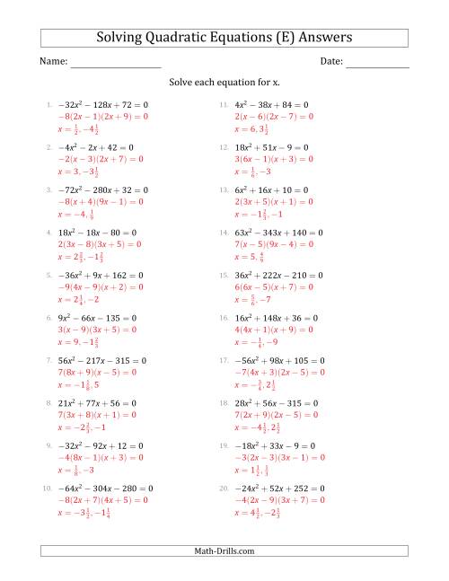 The Solving Quadratic Equations with Positive or Negative 'a' Coefficients up to 9 with a Common Factor Step (E) Math Worksheet Page 2