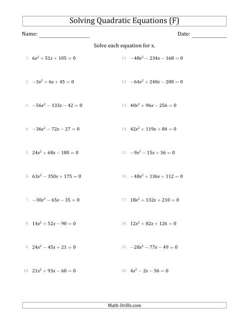 The Solving Quadratic Equations with Positive or Negative 'a' Coefficients up to 9 with a Common Factor Step (F) Math Worksheet