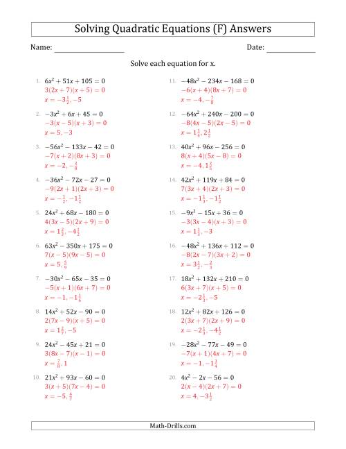 The Solving Quadratic Equations with Positive or Negative 'a' Coefficients up to 9 with a Common Factor Step (F) Math Worksheet Page 2