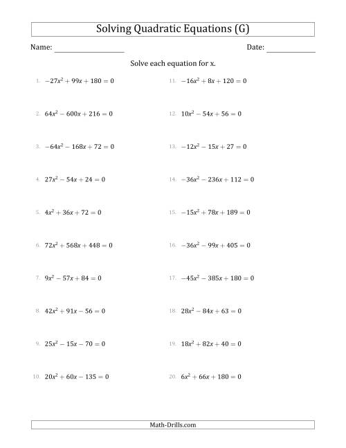 The Solving Quadratic Equations with Positive or Negative 'a' Coefficients up to 9 with a Common Factor Step (G) Math Worksheet