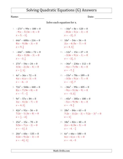 The Solving Quadratic Equations with Positive or Negative 'a' Coefficients up to 9 with a Common Factor Step (G) Math Worksheet Page 2