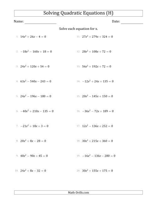 The Solving Quadratic Equations with Positive or Negative 'a' Coefficients up to 9 with a Common Factor Step (H) Math Worksheet