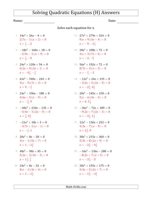 The Solving Quadratic Equations with Positive or Negative 'a' Coefficients up to 9 with a Common Factor Step (H) Math Worksheet Page 2