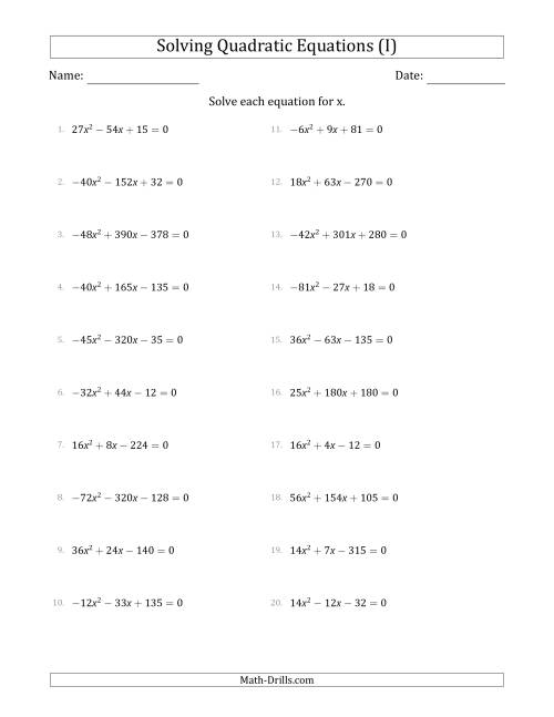 The Solving Quadratic Equations with Positive or Negative 'a' Coefficients up to 9 with a Common Factor Step (I) Math Worksheet