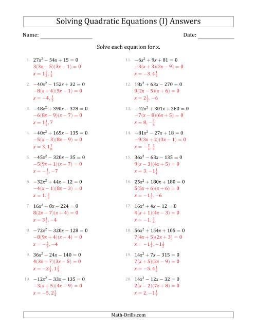The Solving Quadratic Equations with Positive or Negative 'a' Coefficients up to 9 with a Common Factor Step (I) Math Worksheet Page 2