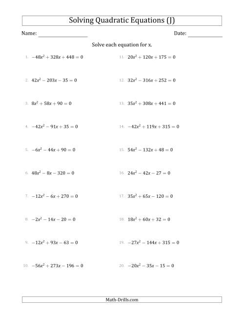 The Solving Quadratic Equations with Positive or Negative 'a' Coefficients up to 9 with a Common Factor Step (J) Math Worksheet