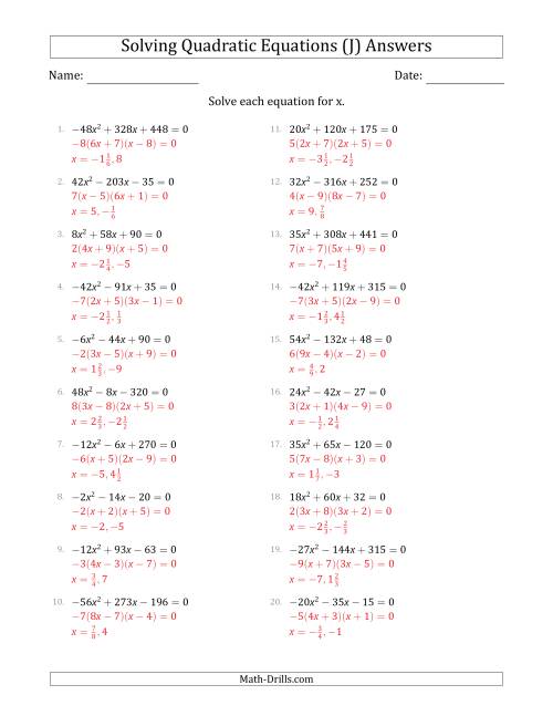 The Solving Quadratic Equations with Positive or Negative 'a' Coefficients up to 9 with a Common Factor Step (J) Math Worksheet Page 2