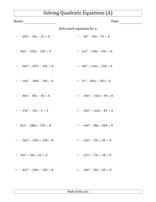 The Solving Quadratic Equations with Positive or Negative 'a' Coefficients up to 9 with a Common Factor Step (All) Math Worksheet