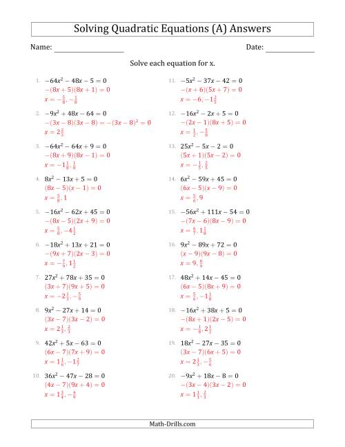 The Solving Quadratic Equations with Positive or Negative 'a' Coefficients up to 81 (A) Math Worksheet Page 2