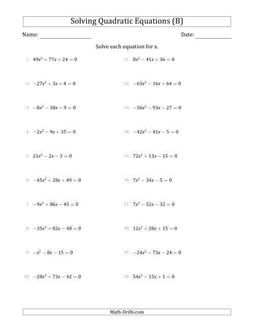 The Solving Quadratic Equations with Positive or Negative 'a' Coefficients up to 81 (B) Math Worksheet