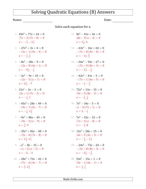 The Solving Quadratic Equations with Positive or Negative 'a' Coefficients up to 81 (B) Math Worksheet Page 2