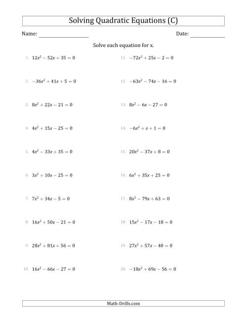 The Solving Quadratic Equations with Positive or Negative 'a' Coefficients up to 81 (C) Math Worksheet
