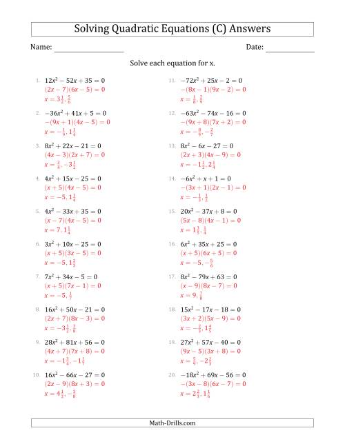 The Solving Quadratic Equations with Positive or Negative 'a' Coefficients up to 81 (C) Math Worksheet Page 2