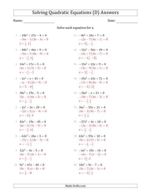 The Solving Quadratic Equations with Positive or Negative 'a' Coefficients up to 81 (D) Math Worksheet Page 2