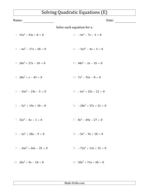 The Solving Quadratic Equations with Positive or Negative 'a' Coefficients up to 81 (E) Math Worksheet