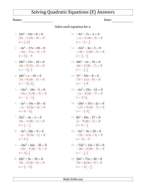 The Solving Quadratic Equations with Positive or Negative 'a' Coefficients up to 81 (E) Math Worksheet Page 2