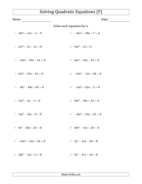 The Solving Quadratic Equations with Positive or Negative 'a' Coefficients up to 81 (F) Math Worksheet