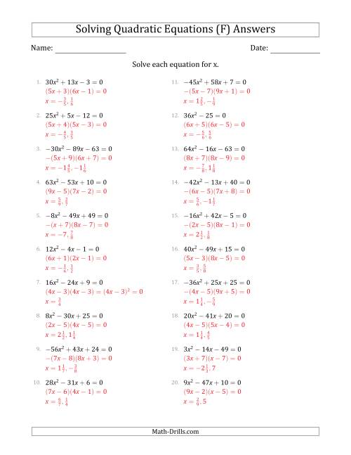The Solving Quadratic Equations with Positive or Negative 'a' Coefficients up to 81 (F) Math Worksheet Page 2