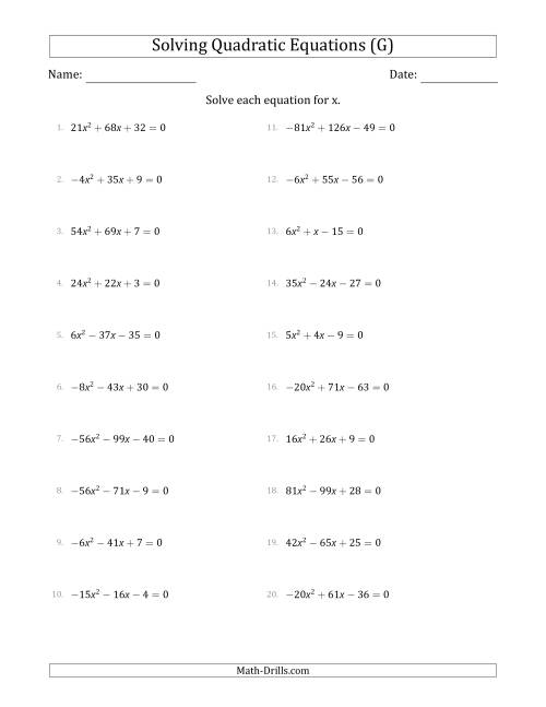 The Solving Quadratic Equations with Positive or Negative 'a' Coefficients up to 81 (G) Math Worksheet
