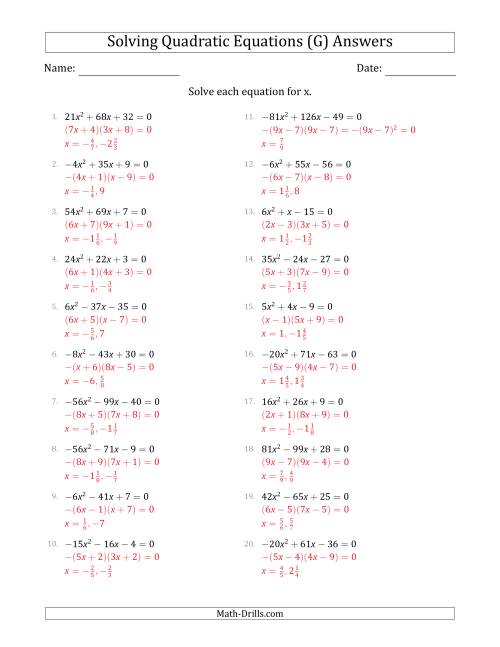 The Solving Quadratic Equations with Positive or Negative 'a' Coefficients up to 81 (G) Math Worksheet Page 2