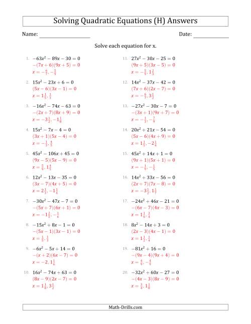 The Solving Quadratic Equations with Positive or Negative 'a' Coefficients up to 81 (H) Math Worksheet Page 2