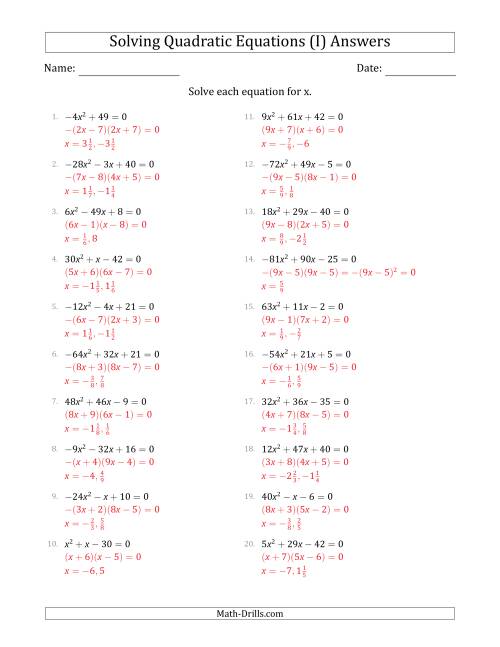 The Solving Quadratic Equations with Positive or Negative 'a' Coefficients up to 81 (I) Math Worksheet Page 2
